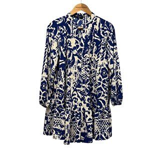 Zara Long Sleeve Boho Tiered Mini Dress, Cobalt Blue Print, S